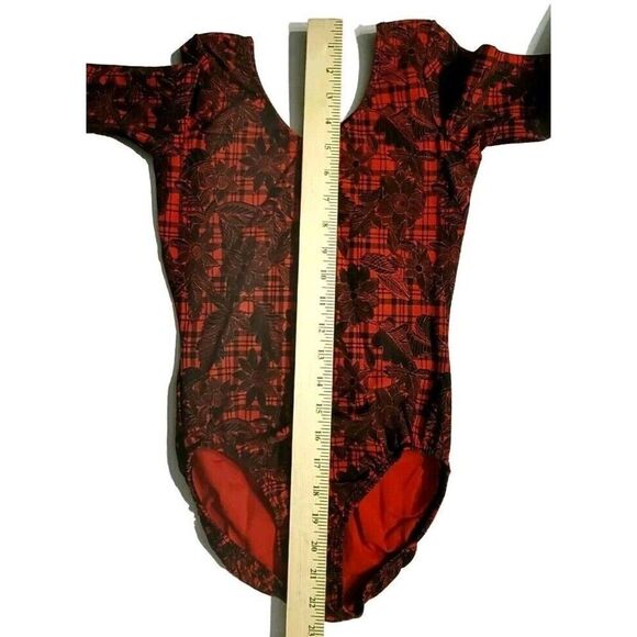 GK Elite AM Long Sleeve VTG Cotton Leotard Bodysuit Red Plaid Floral Size M, NWT - Picture 12 of 13